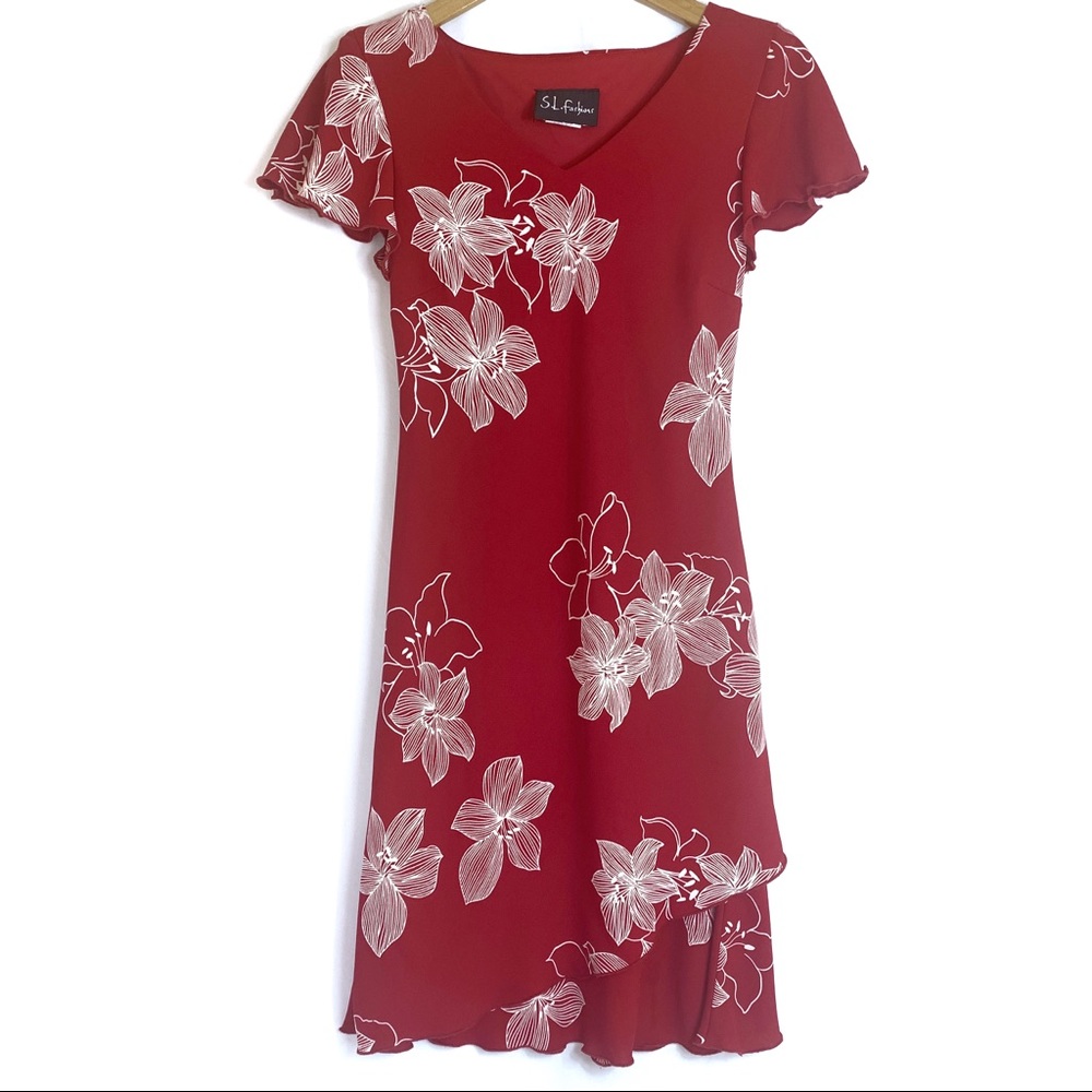 4/$25 VTG S.L. Fashions Red and White Floral Dress